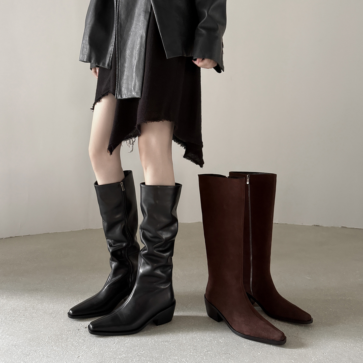 女壹号·【6cm】34-39头牛/牛皮/牛皮新款秋冬显瘦粗跟方头堆堆靴女