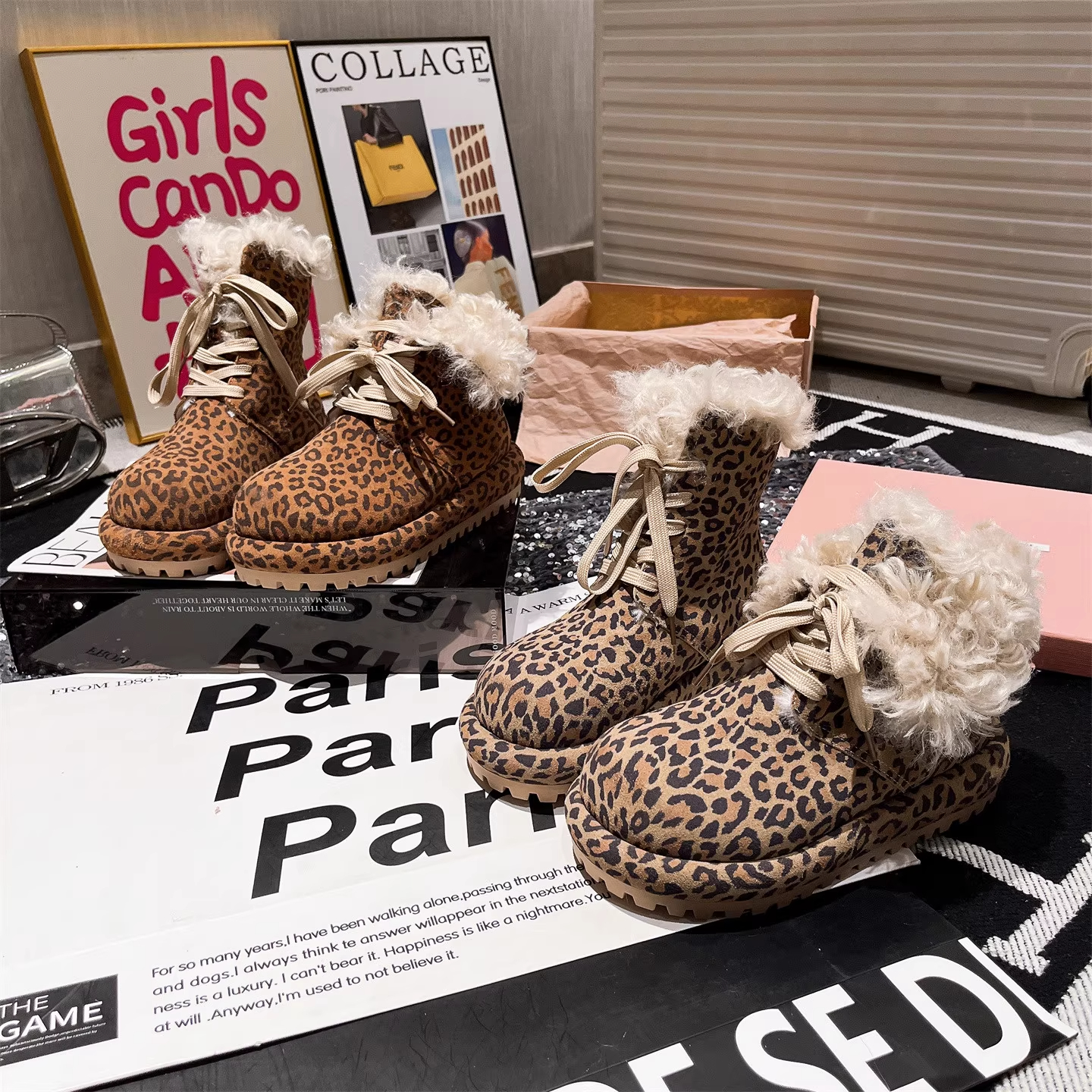 【Ly】2025冬季新款两穿磨砂厚底勃肯鞋女鞋加绒保暖雪地靴女短靴