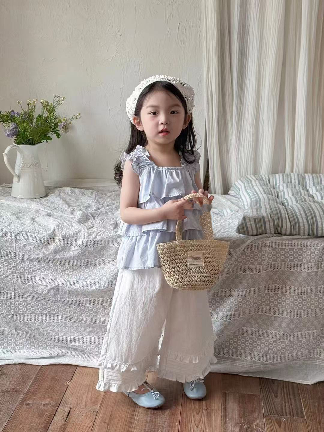 2025夏季新款女童韩韩版时尚百搭洋气荷叶边蛋糕上衣 白色阔腿裤