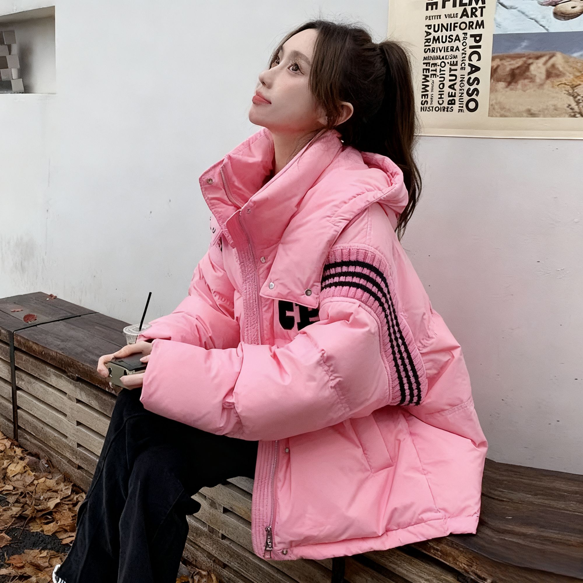 【浅浅精选】欧货秋冬针织拼接白鸭绒羽绒服女连帽外套减龄HQ-085