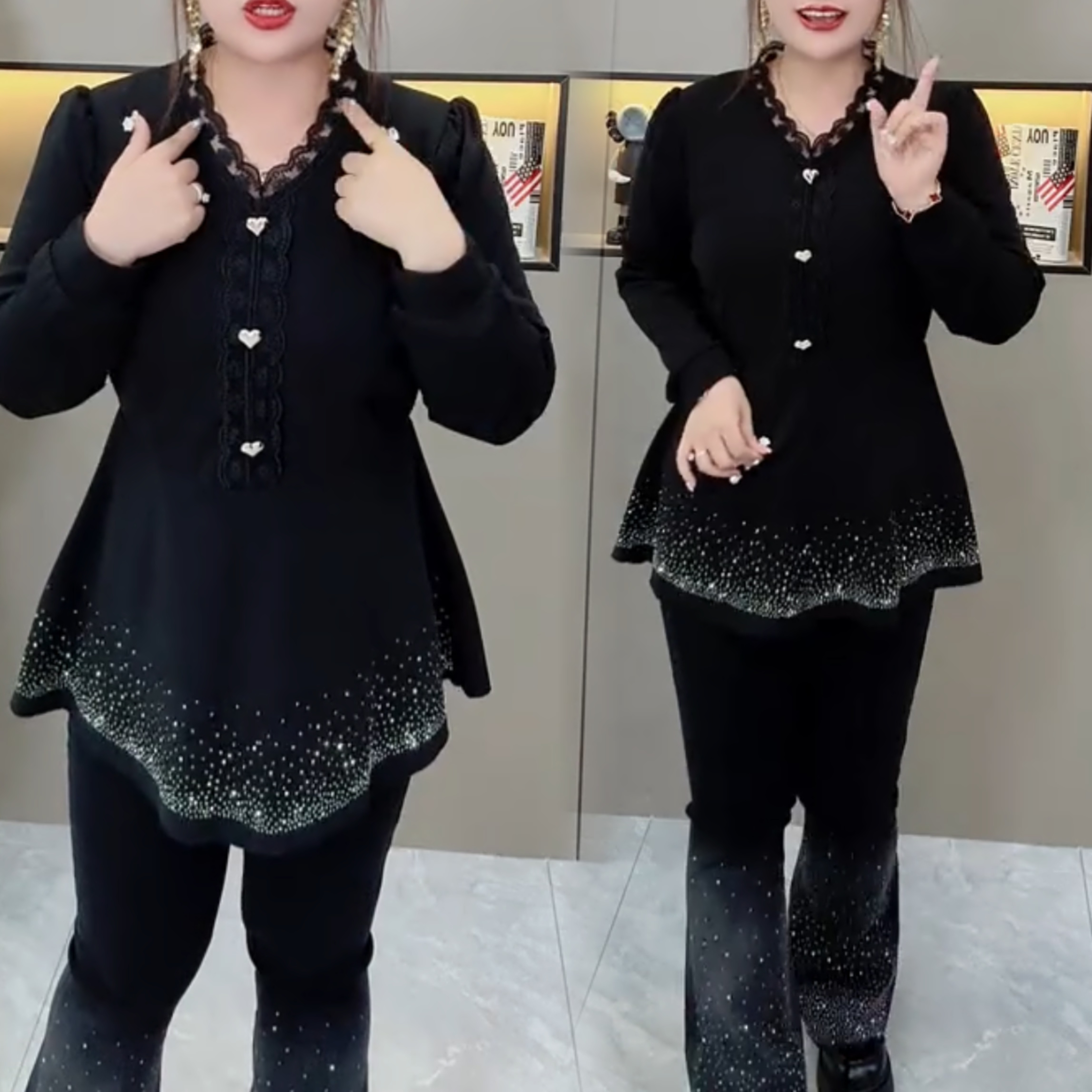 大码法式满天星长袖洋气亮钻花边领遮肉上衣烫钻遮肉显瘦百搭V领