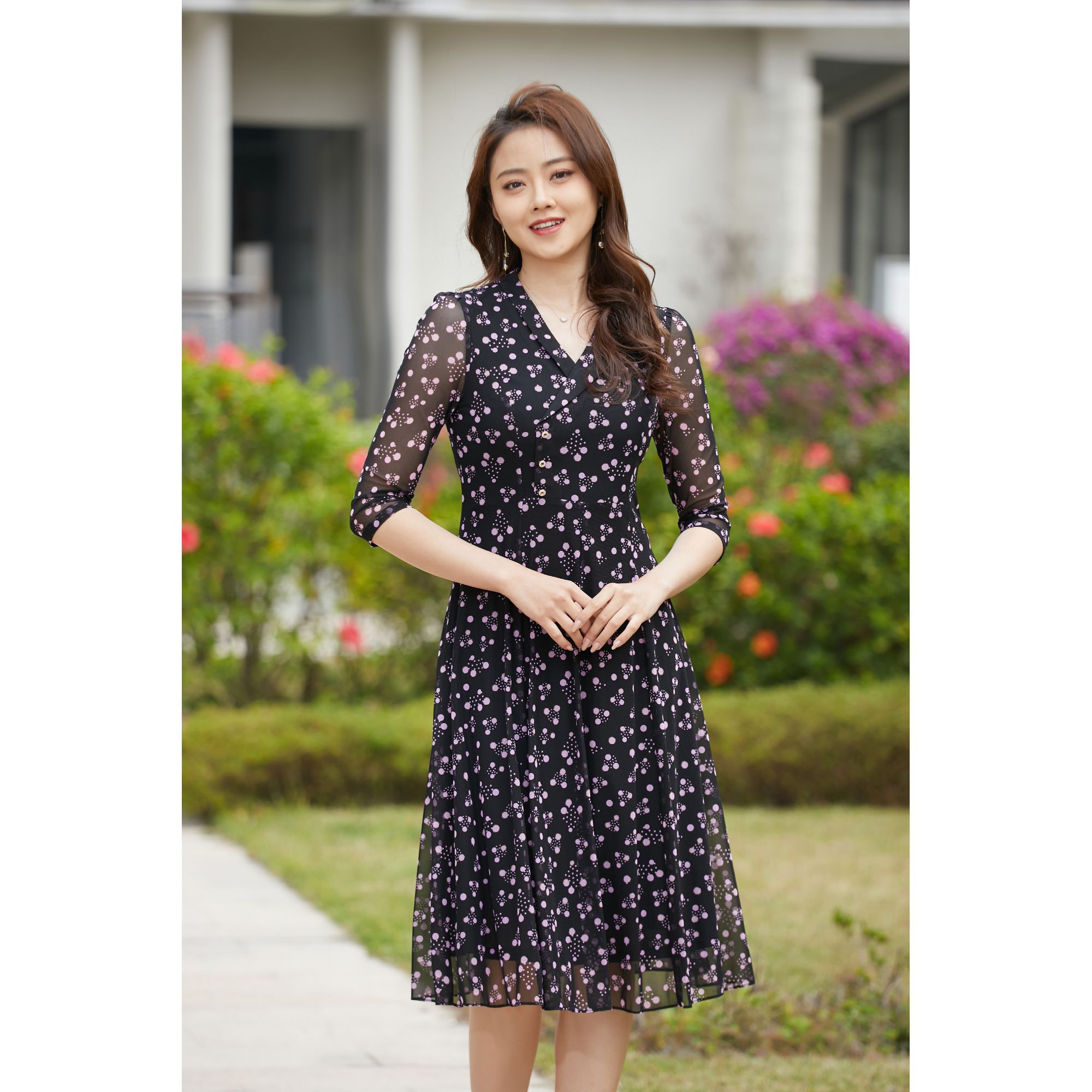 8357春夏季正品台湾沙印花透气纱连衣裙时尚气质款遮肉显瘦中长裙