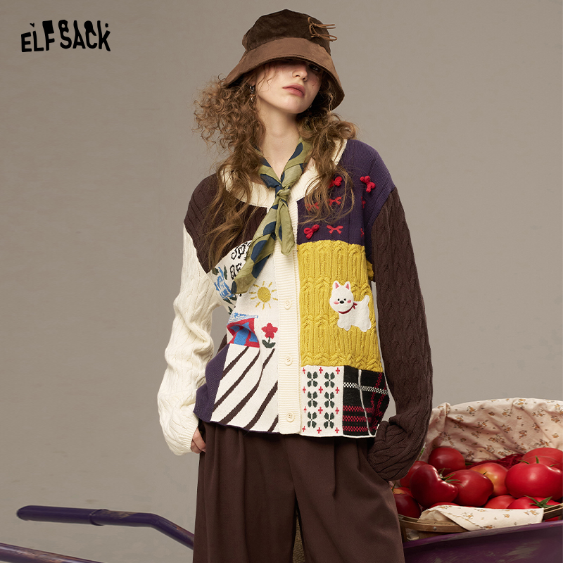 【100棉】妖精的口袋趣味提花拼接开衫毛衣女年秋季外套25302017