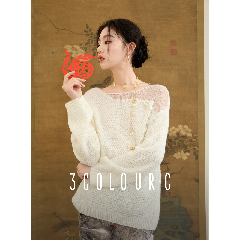 三彩【暗香疏影】2025春季新款新中式手工钩花针织衫圆领宽松C