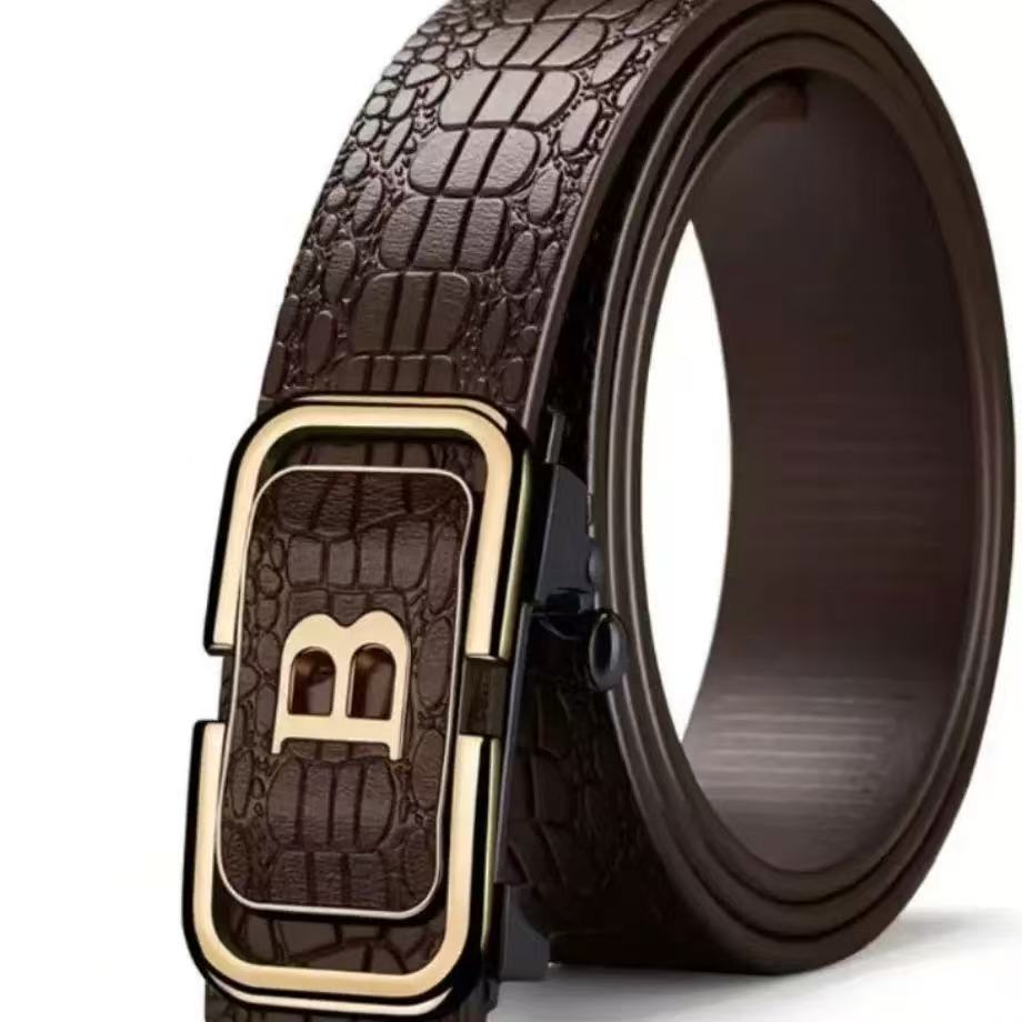  时尚新款鳄鱼纹男士无牙自动扣咖色字母腰带