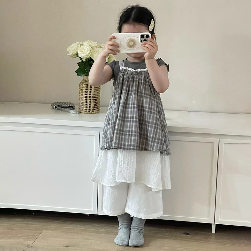 R25155女童韩版夏花边无袖背心吊带格子裙春季新款纯色阔腿休闲裤
