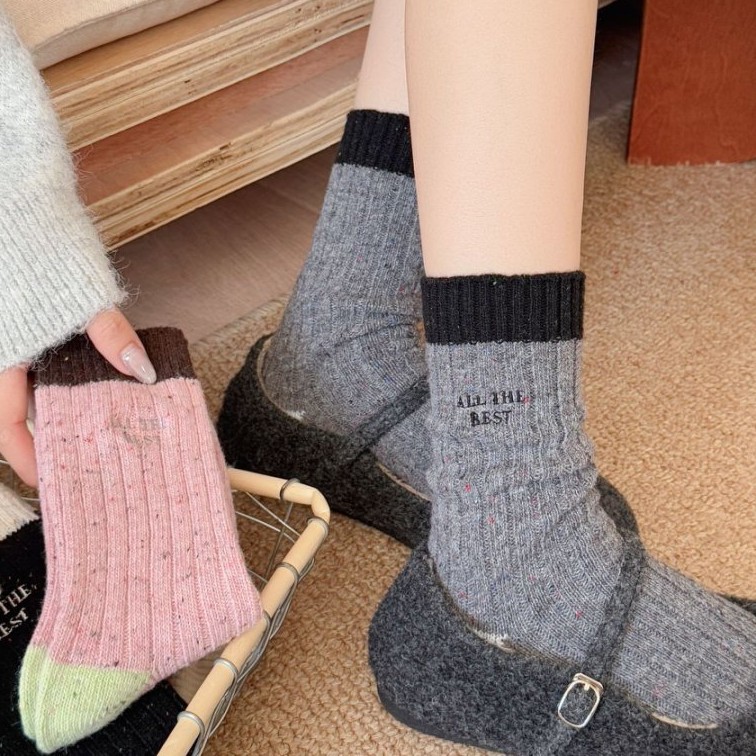 ins韩系拼色加厚点子纱羊毛袜子女保暖无骨堆堆袜秋冬百搭中筒袜