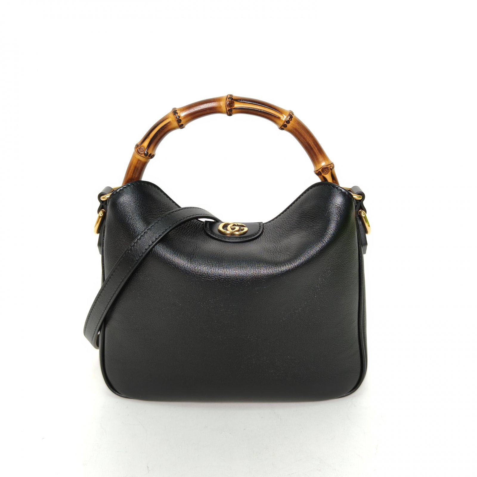 99新 GUCCI/古驰 【娇活动】黑色皮革C金扣戴安娜 竹节手柄 416293