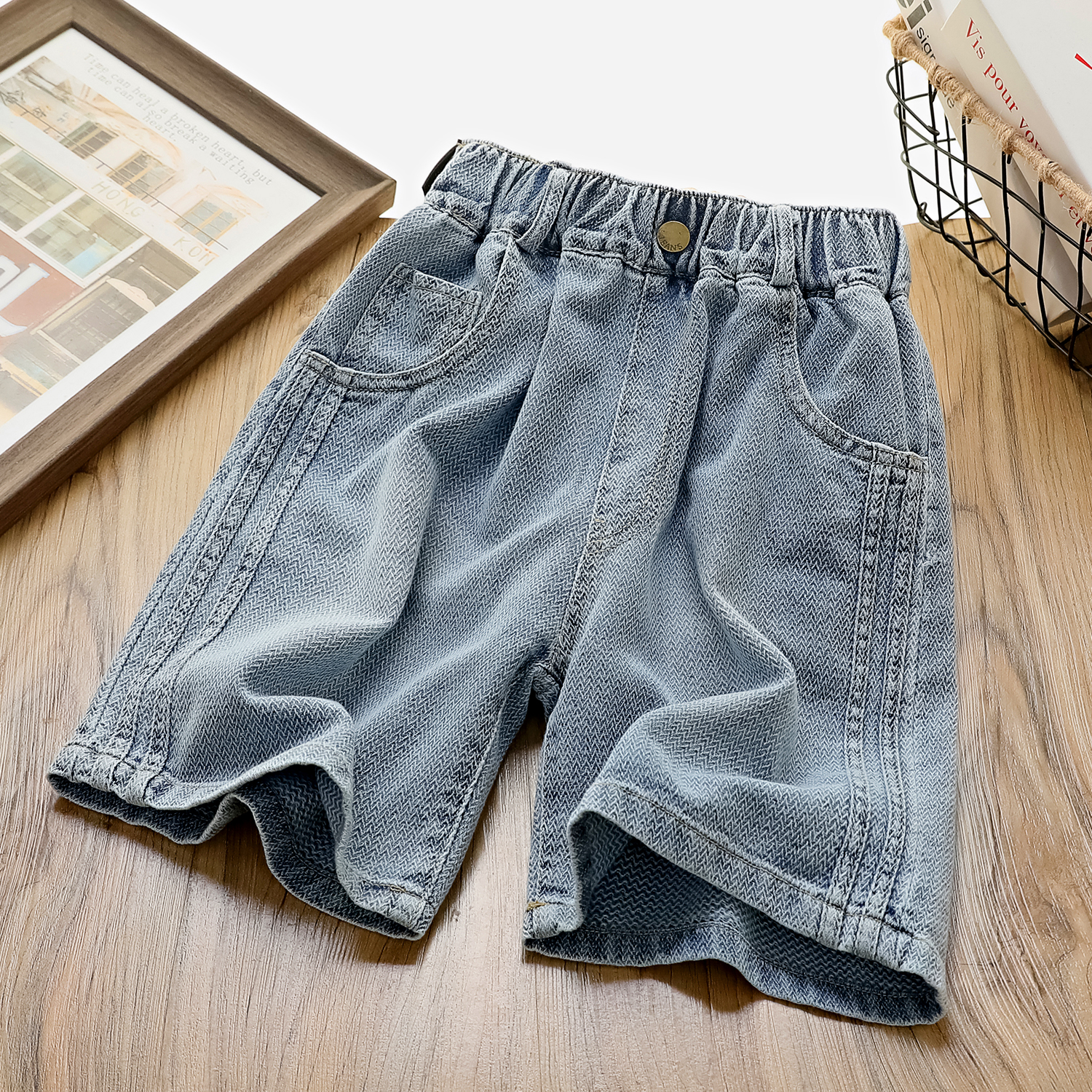 儿童夏季侧拼雪花肌理中大童休闲牛仔中裤 912