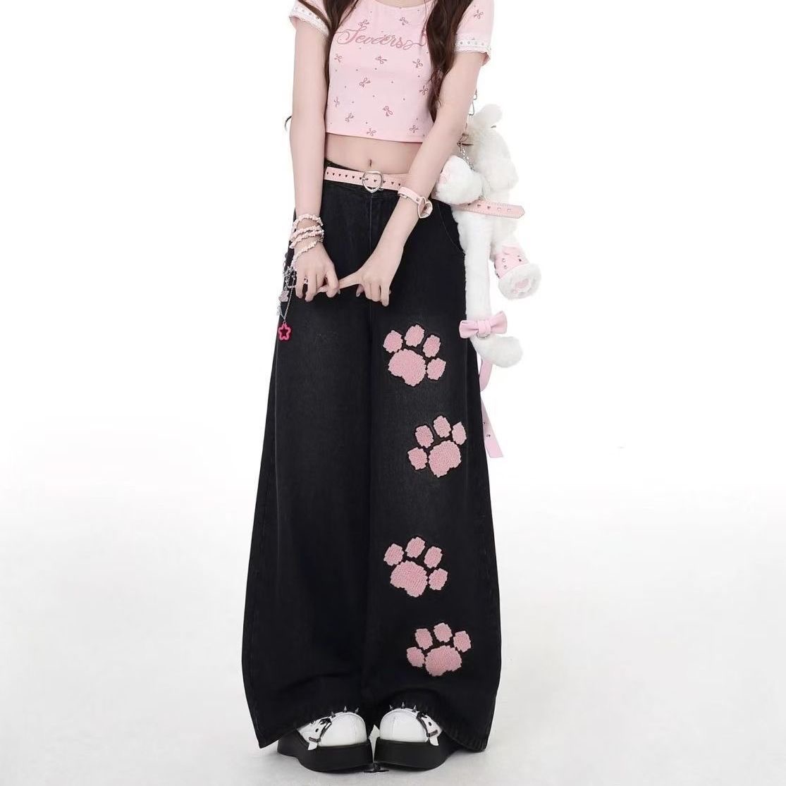 【免费试穿】2025新款秋季高腰刺绣牛仔裤女宽松百搭黑色阔腿学院风