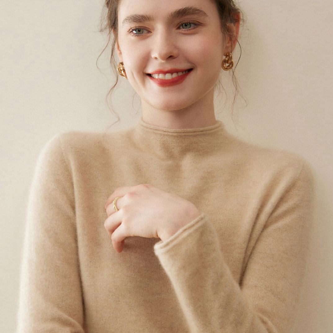 100%纯山羊绒女一线卷边半高领春秋冬针织内搭打底衫