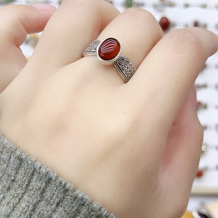 琥珀戒指银S925镶嵌天然