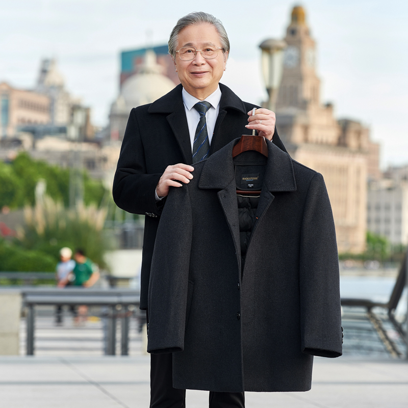 爸爸秋冬装外套加厚可脱胆中老年绵羊毛呢大衣爷爷中长款呢子衣服