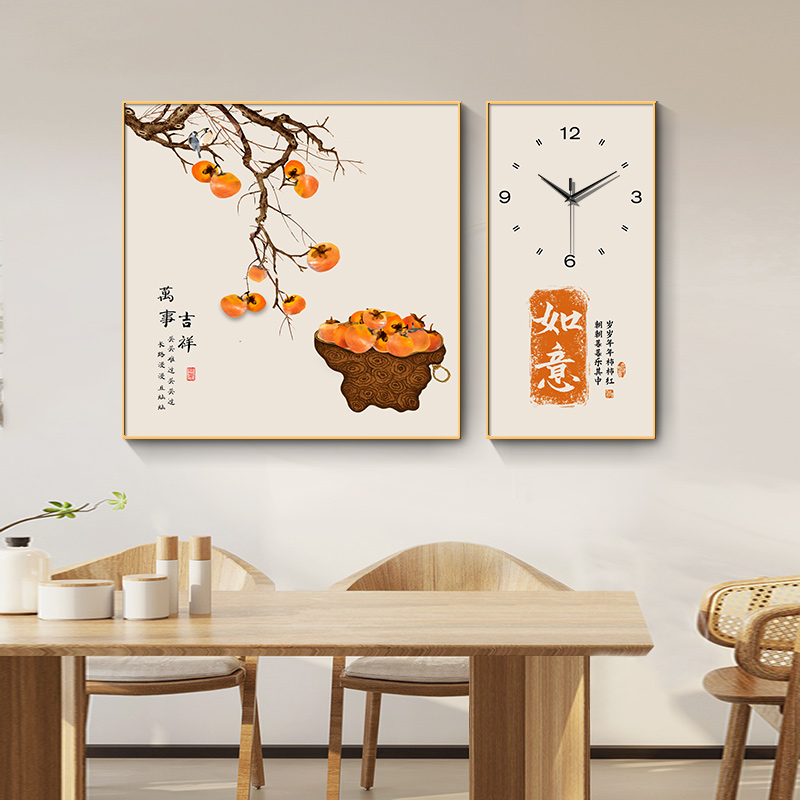 新中式餐厅装饰画厅钟表挂画时钟画寓意好客厅餐桌背景墙挂画