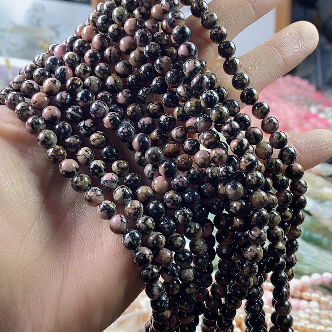 玛瑙/玉髓珠宝半成品合金一条天然6mm黑线蔷薇石老矿