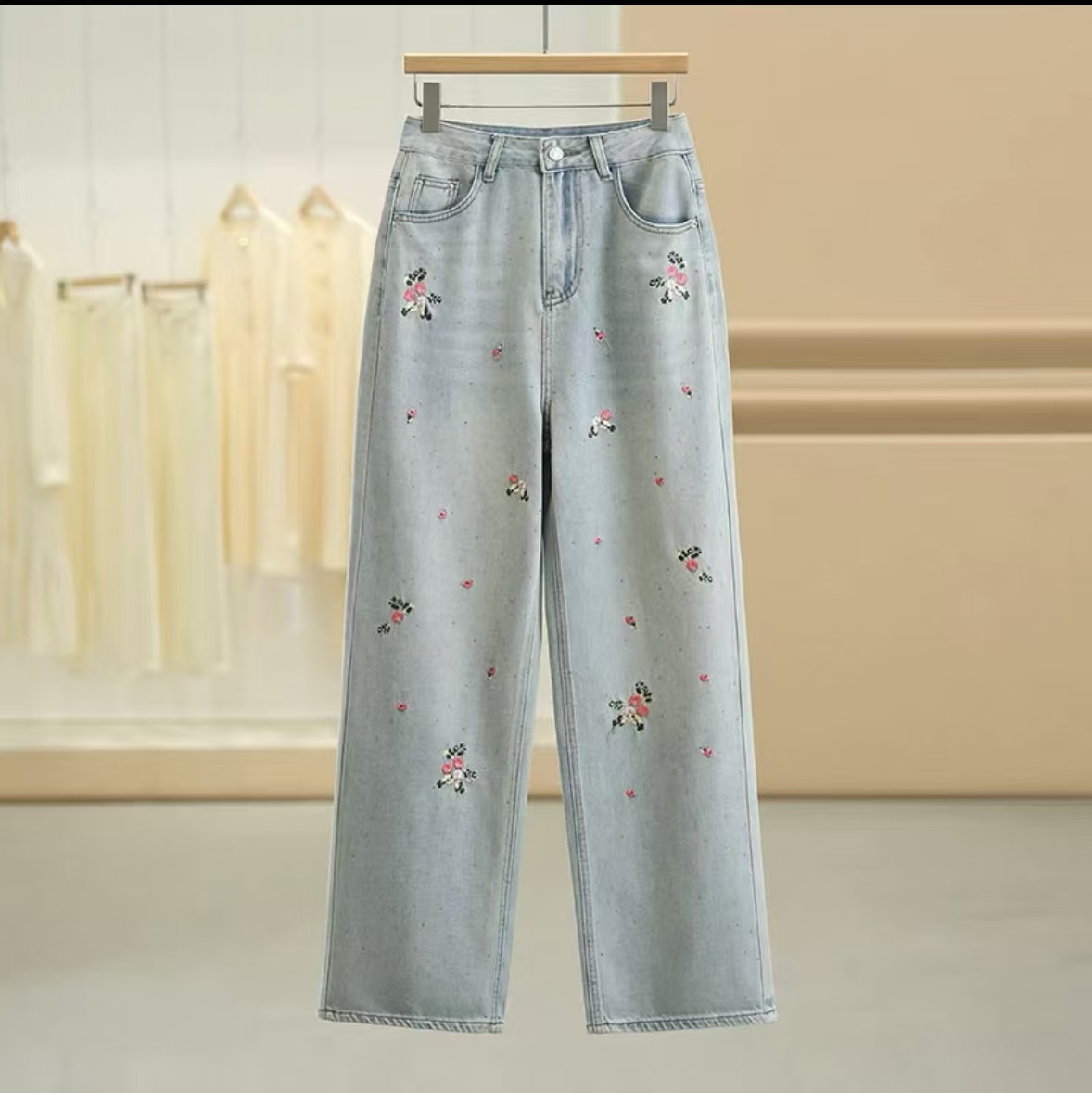 重工烫钻牛仔裤2025春季女刺绣新中式窄版阔腿裤2025b9333—小璐