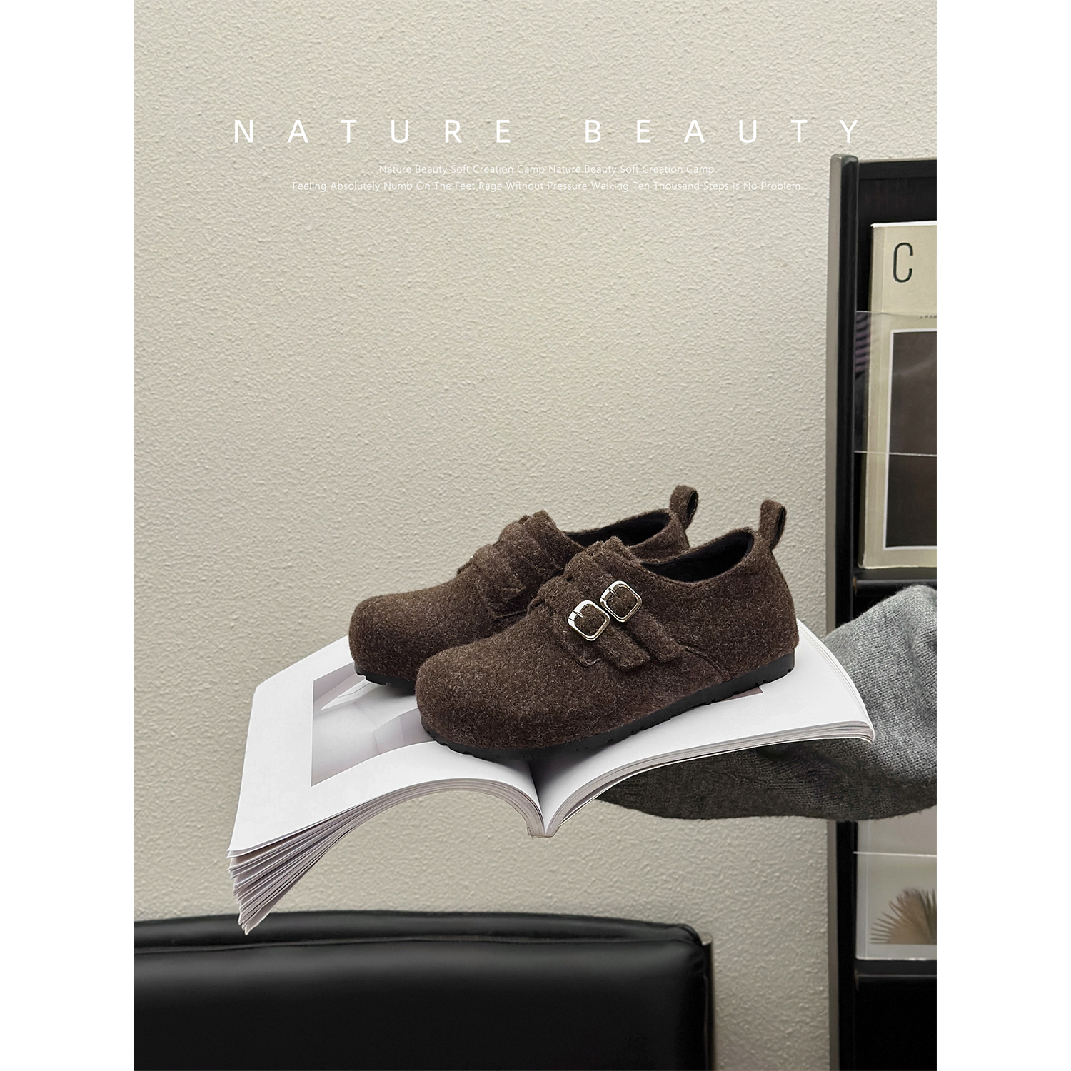 自然卷内增高法式简约勃肯鞋厚底增高双魔术贴加绒保暖毛毛鞋棉鞋