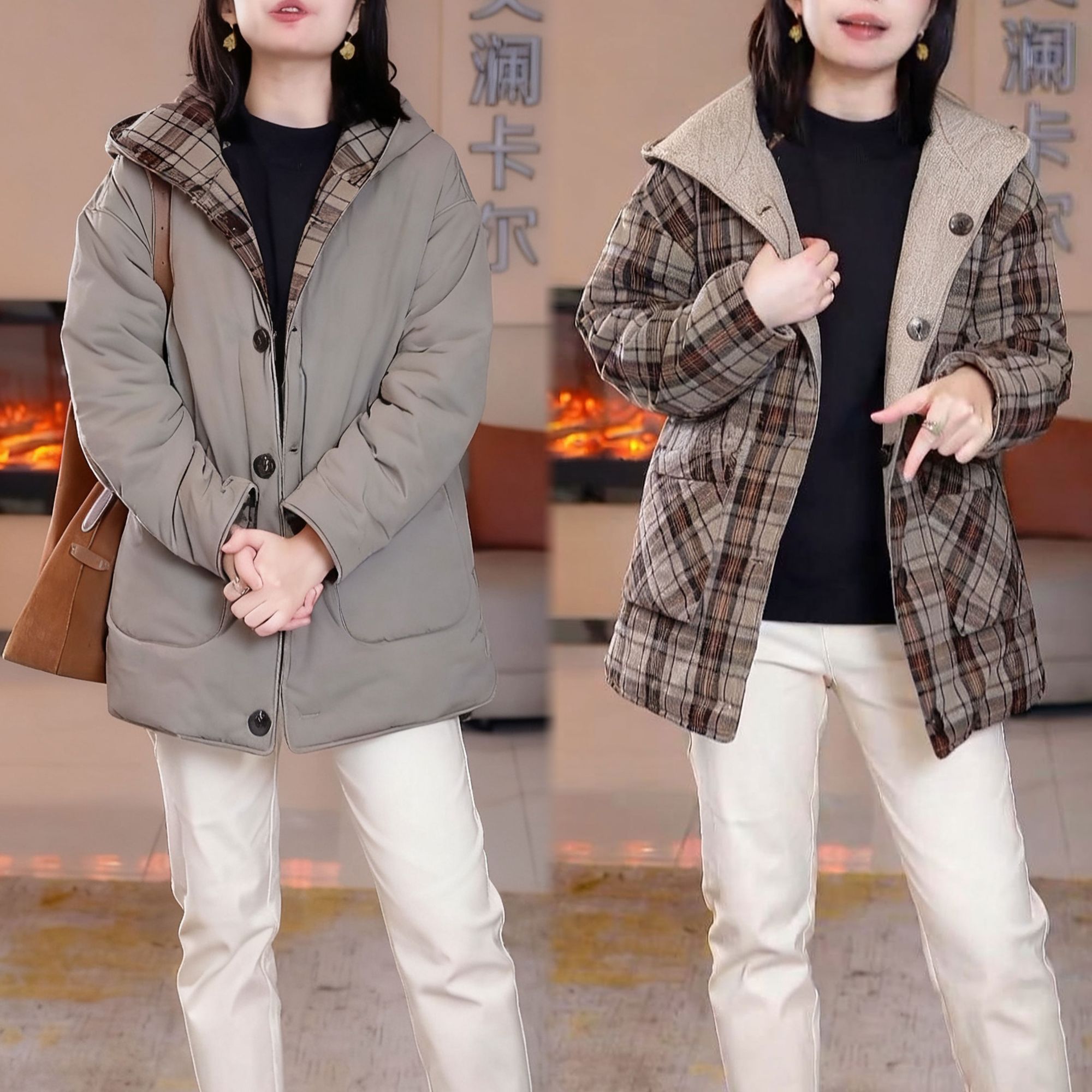 简约设计感休闲外穿连帽棉衣2025秋冬新款大气日常双面穿保暖棉服