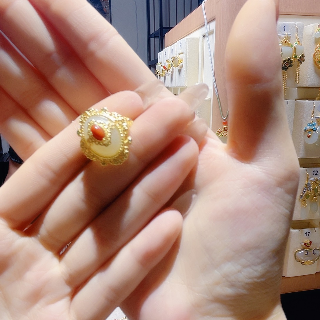 和田玉银S925镀金镶嵌戒指