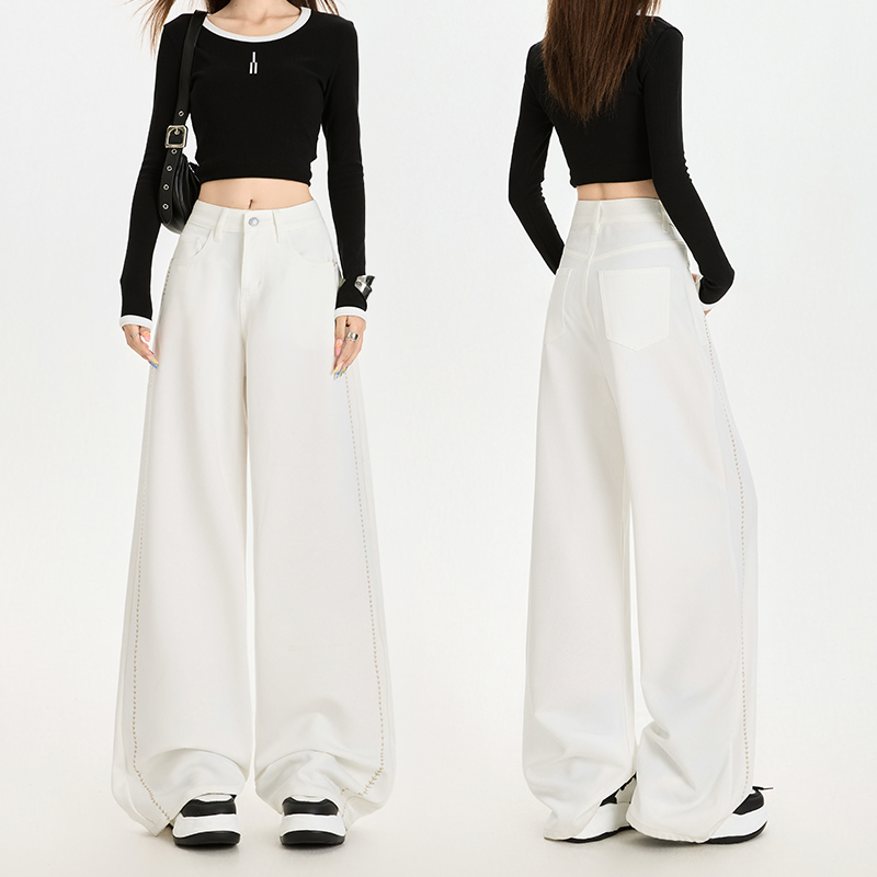 四面弹垂坠感阔腿牛仔裤女2025新款显瘦百搭纯白绣花拖地裤