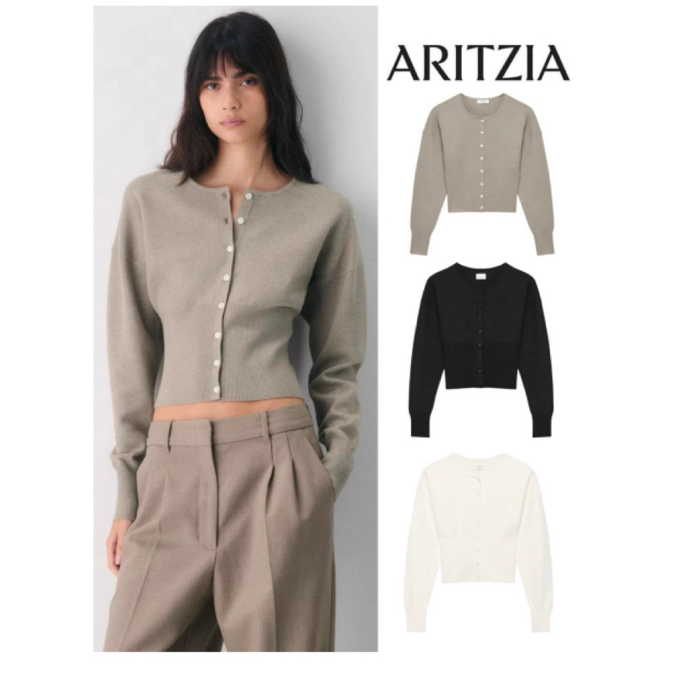 Aritzia 秋冬新款圆领细针修身收腰长袖针织纽扣开衫女