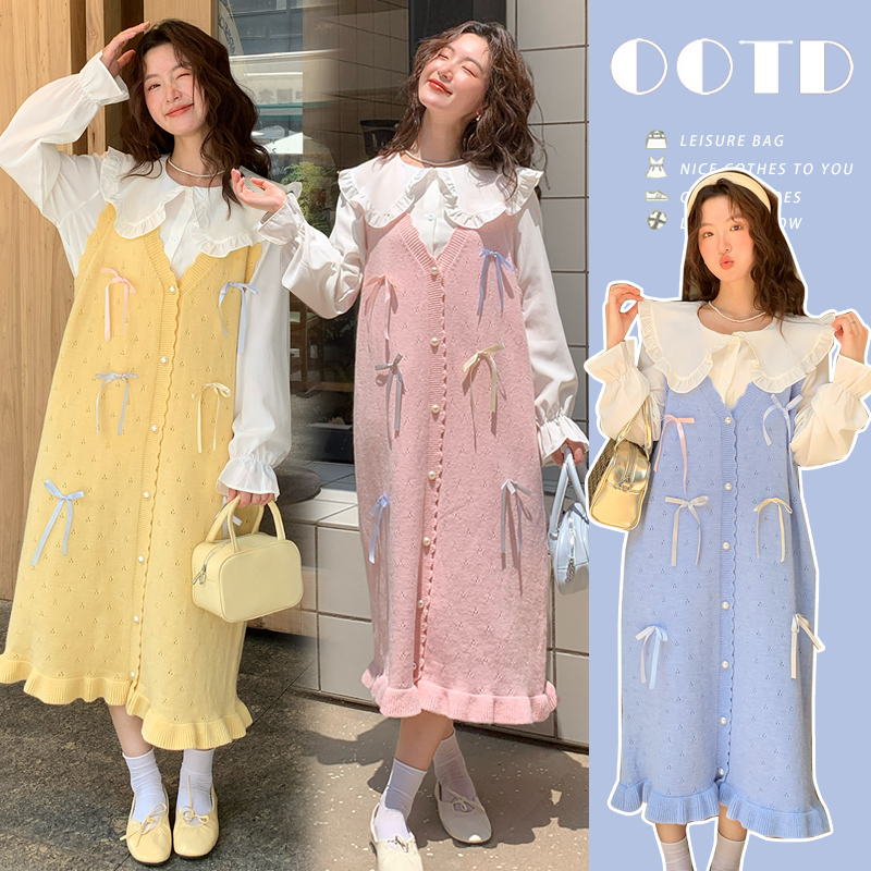 2025秋季减龄荷叶领衬衫+糖果色甜美镂空针织背心裙孕妈套装春秋