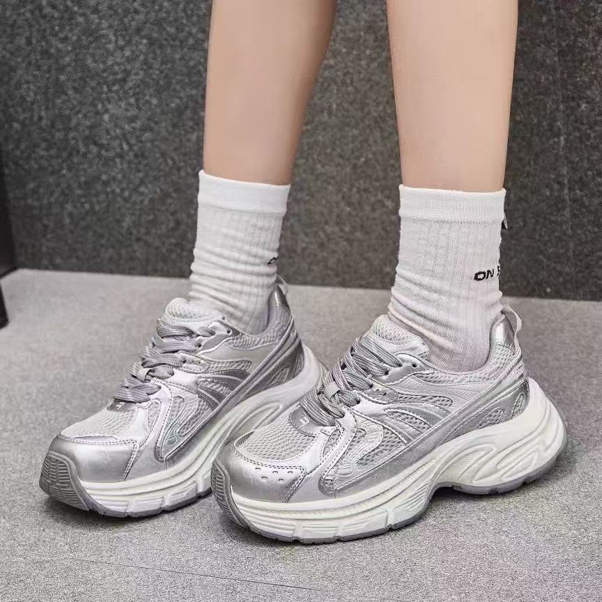 C4305  银色  时尚厚底圆头系带女休闲运动老爹鞋