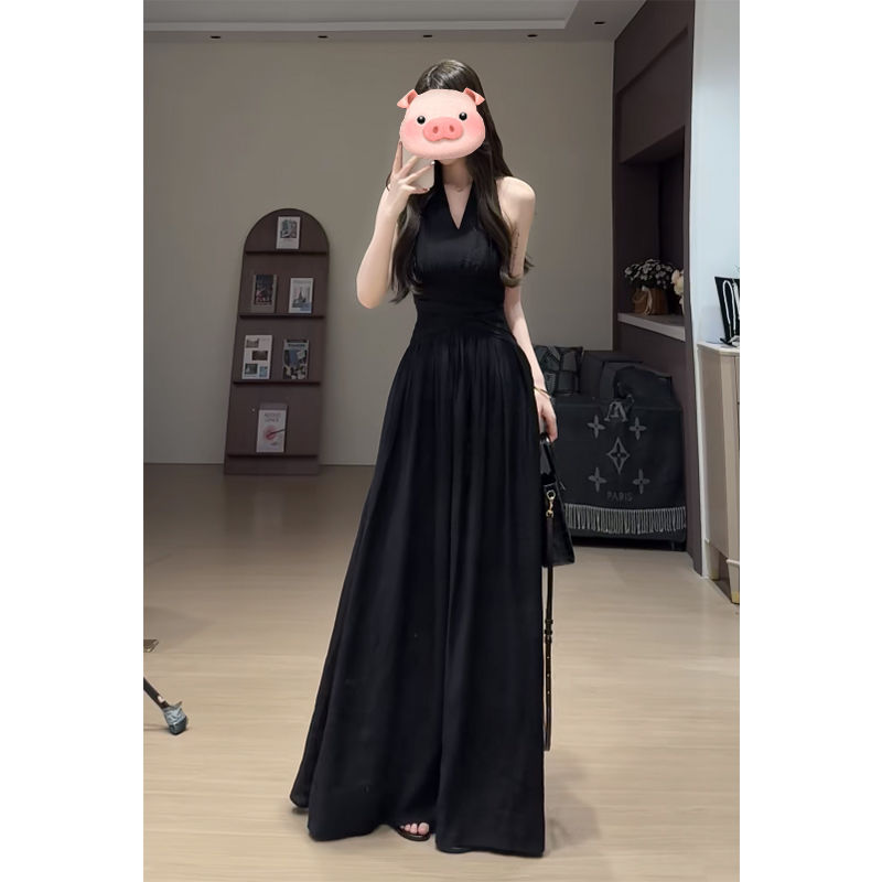 法式白色无袖挂脖v领连衣裙女2025夏季新款绝美收腰显瘦大摆长裙