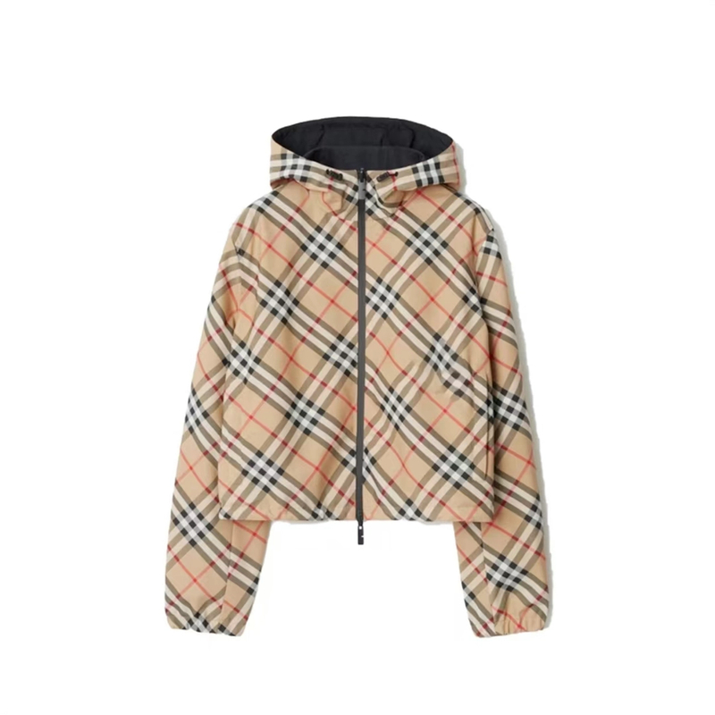 2024秋冬上新大牌感轻奢女款经典格纹双面可穿马术服连帽外套