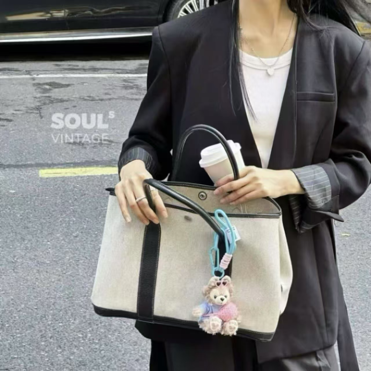 95新 Hermes/爱马仕 Hermes 黑白 帆布拼皮花园36/683744319