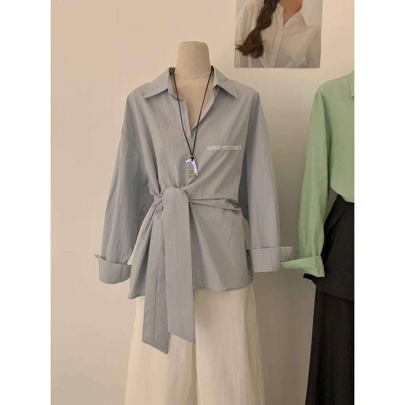 【清仓】韩系设计感扭结绑带V领衬衫蓝色休闲polo领上衣