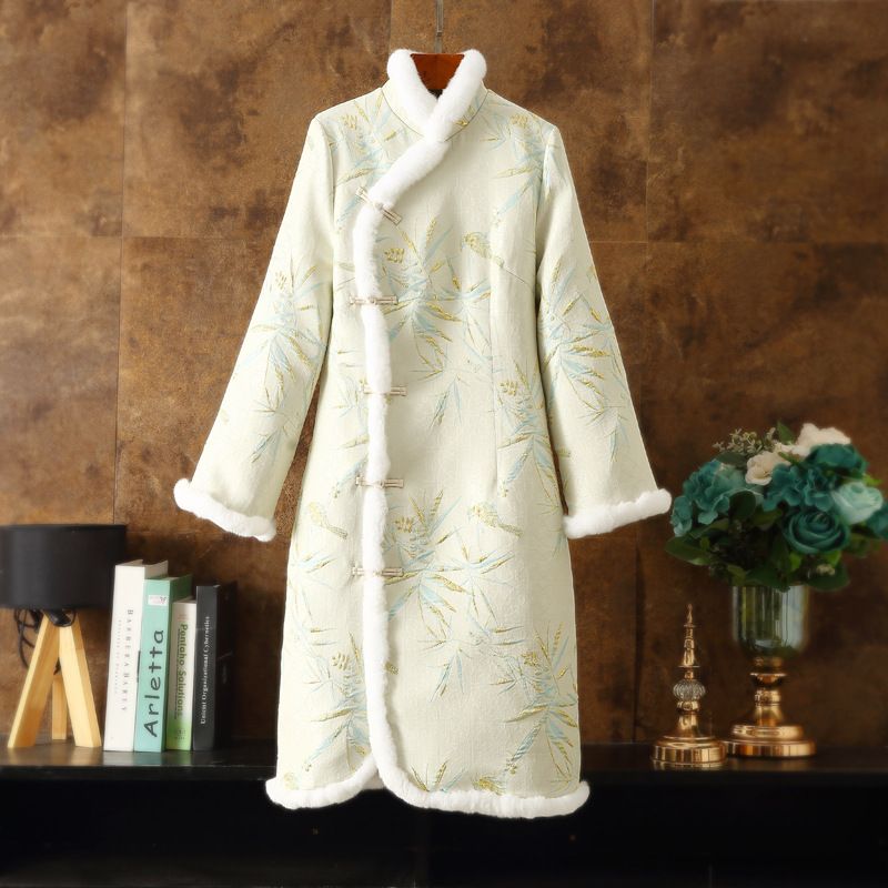 冬季金丝竹雀复古提花兔毛外套旗袍裙中长款唐装新中式国风棉服女