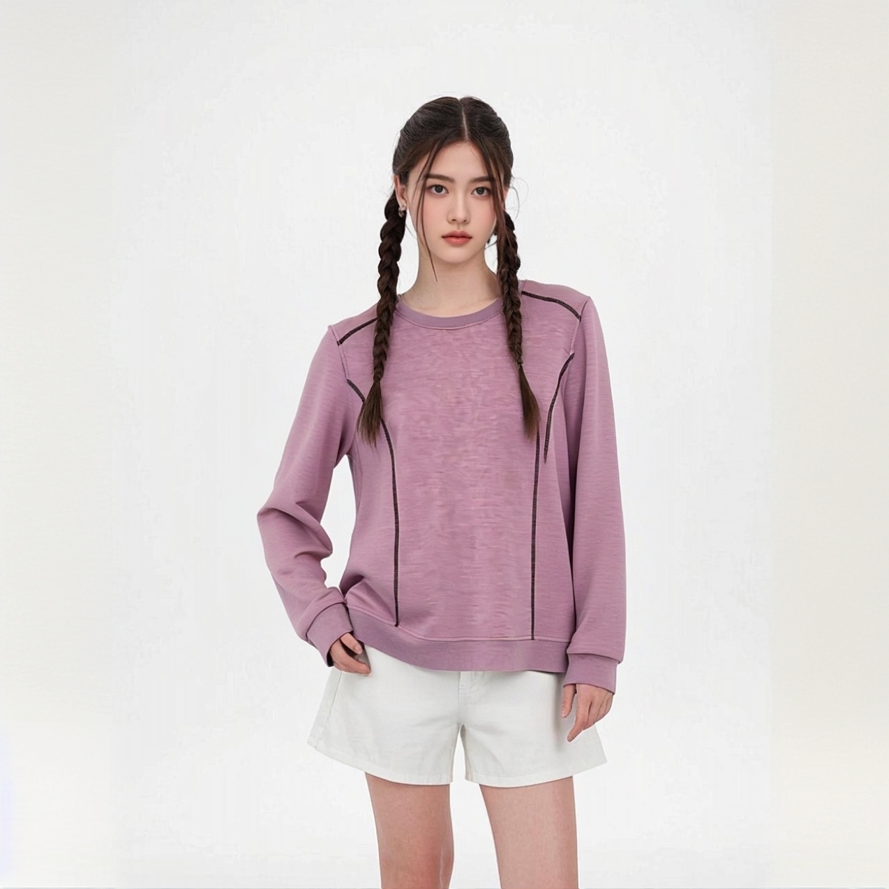 JW-【柞蚕丝拼线卫衣】女士圆领体恤长袖2025秋冬百搭亲肤时尚拼接