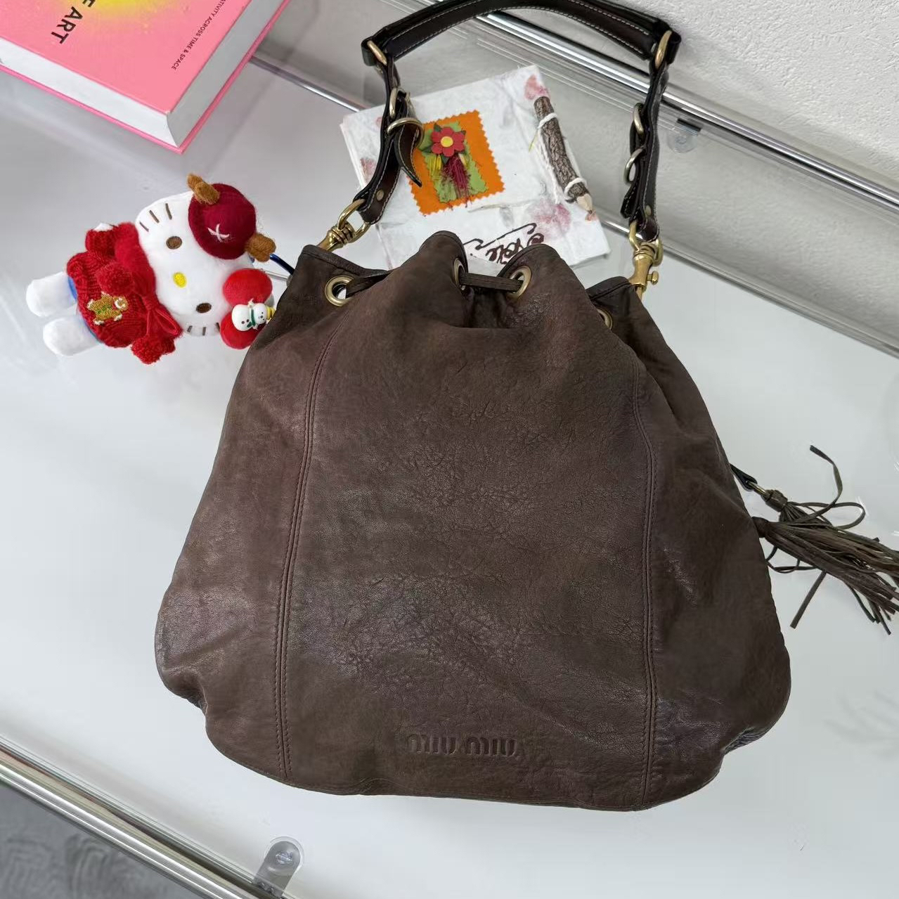 95新 MIU MIU/缪缪 深棕色压印云朵福袋hobo单肩包 底长32 123599