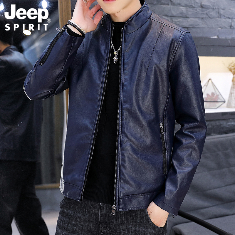 JEEP吉普男士皮衣秋冬季时尚潮流加绒加厚立领夹克韩版仿真皮外套