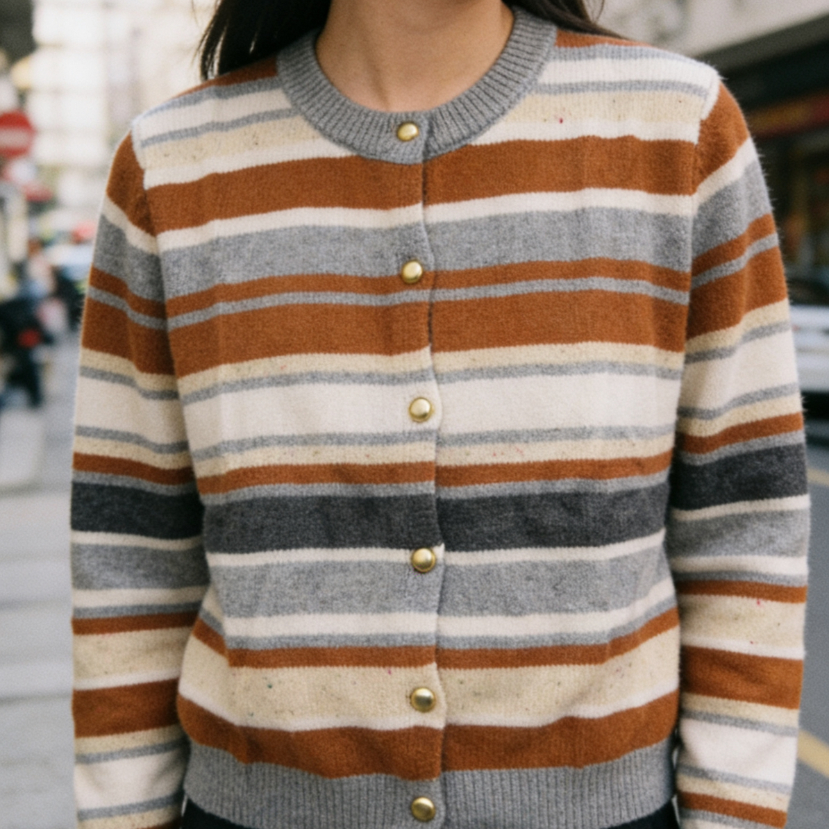 冬季新款文艺彩色条纹休闲百搭长袖针织开衫7050