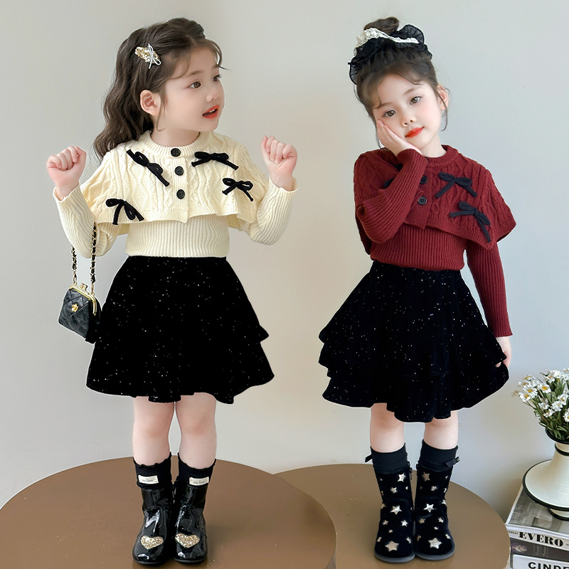 韩版女童2025春秋甜美斗篷型蝴蝶结套头毛衣女孩冬季黑色丝绒半裙