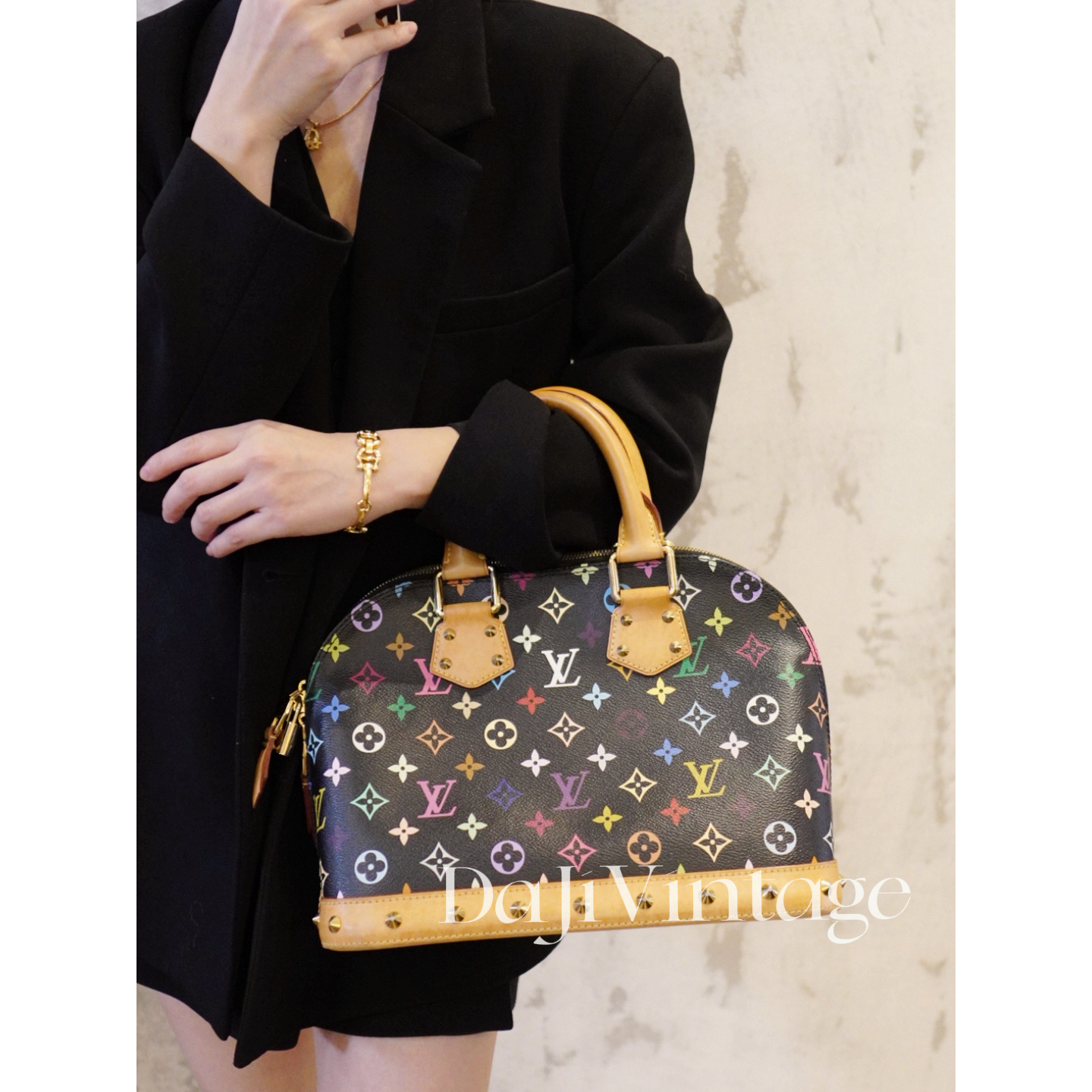 95新 LouisVuitton/路易威登 大吉中古/LV黑三彩贝壳手提包