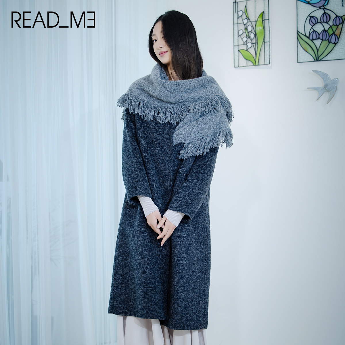 D50916299气质雅丹风灰色双面呢大围巾女装毛呢外套