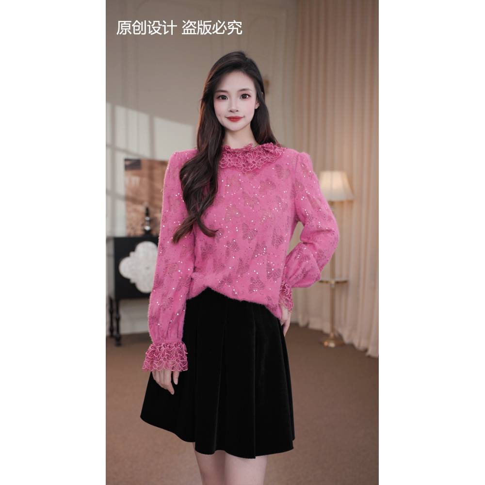 旷宁宁·梦幻花蝶·秋冬装洋气女款设计感蝴蝶小衫上衣女装-91350