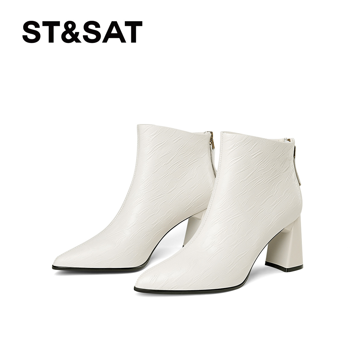 St&Sat/星期六秋冬高跟时尚尖头短靴真皮粗跟女靴时尚气质时装靴