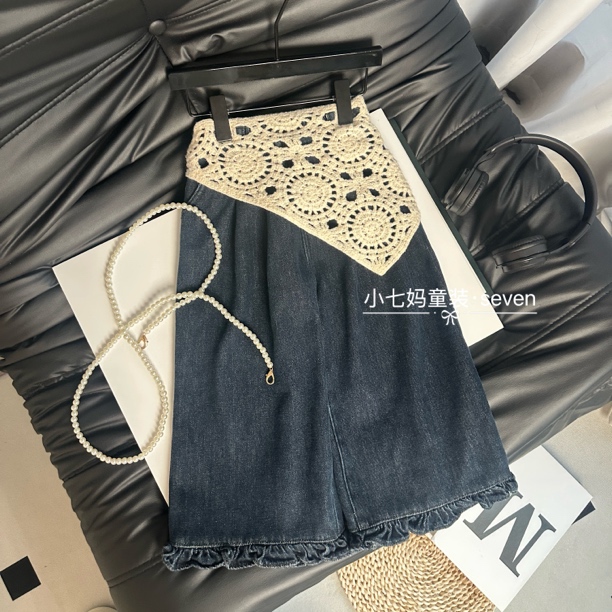 女童牛仔裤冬款2025新款韩版洋气儿童加绒加厚波点牛仔阔腿裤潮款