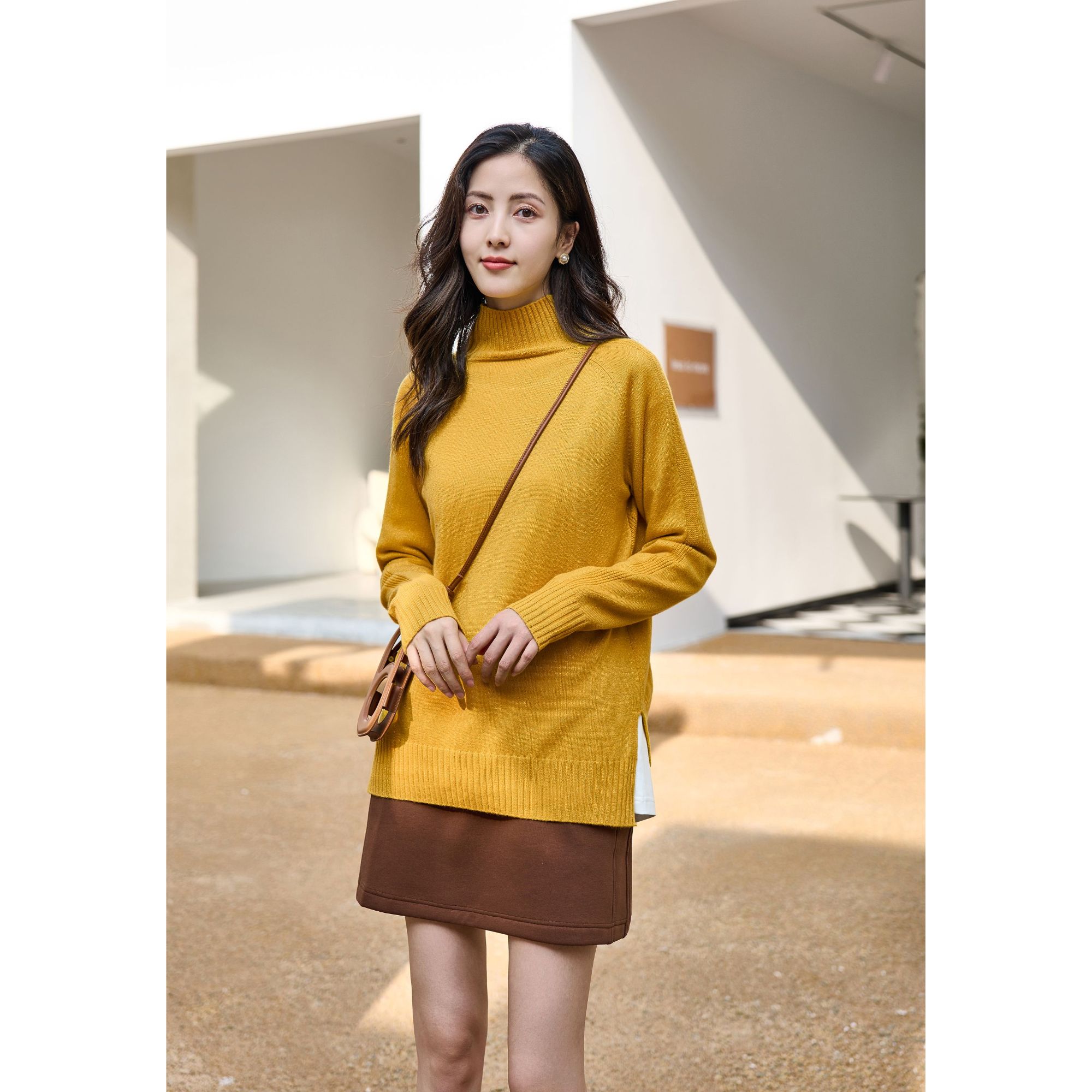 亿领女士黄色休闲长袖针织毛衣M32882