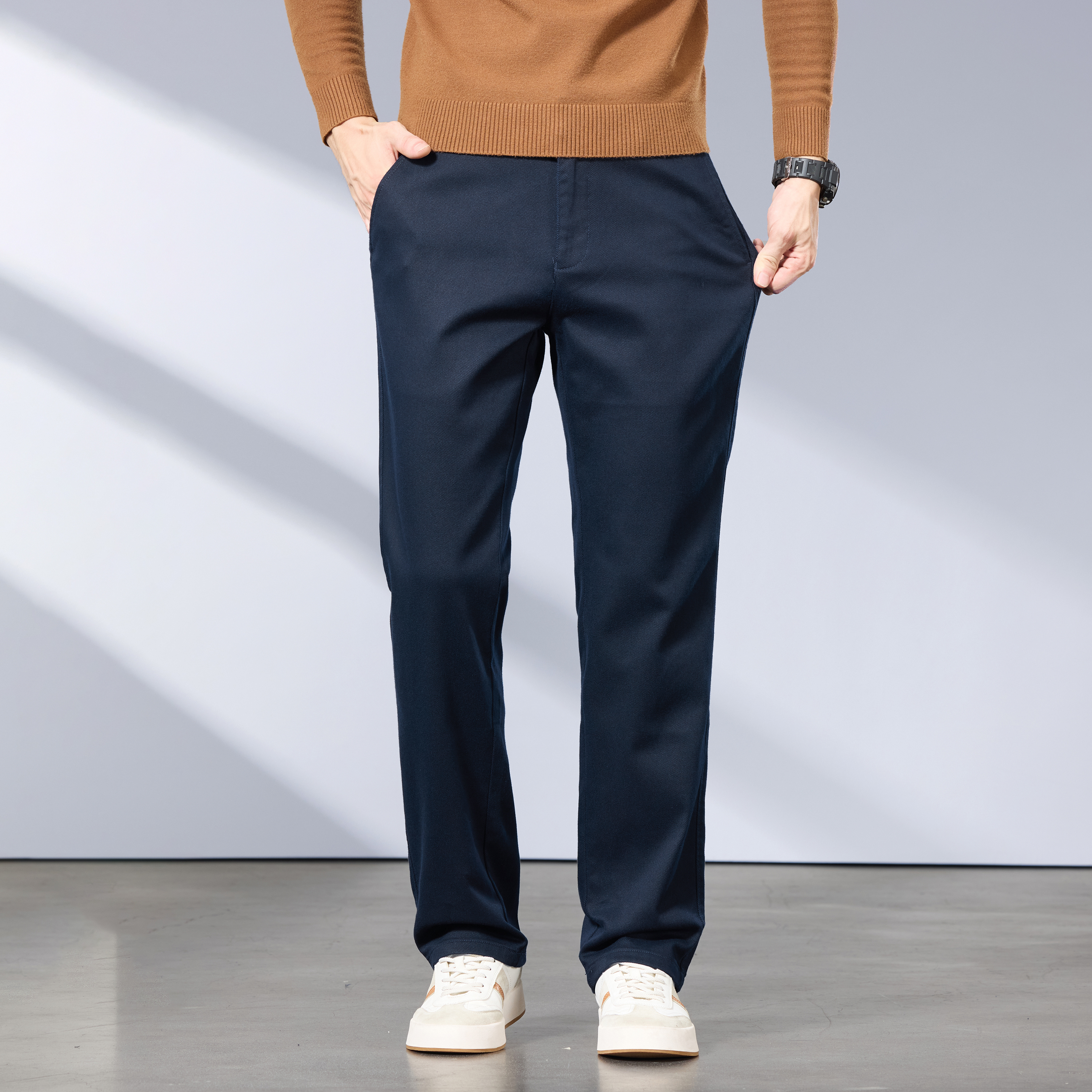 冬季厚款莱赛尔休闲直筒长裤棉弹力男士百搭男裤微宽松百搭男裤子