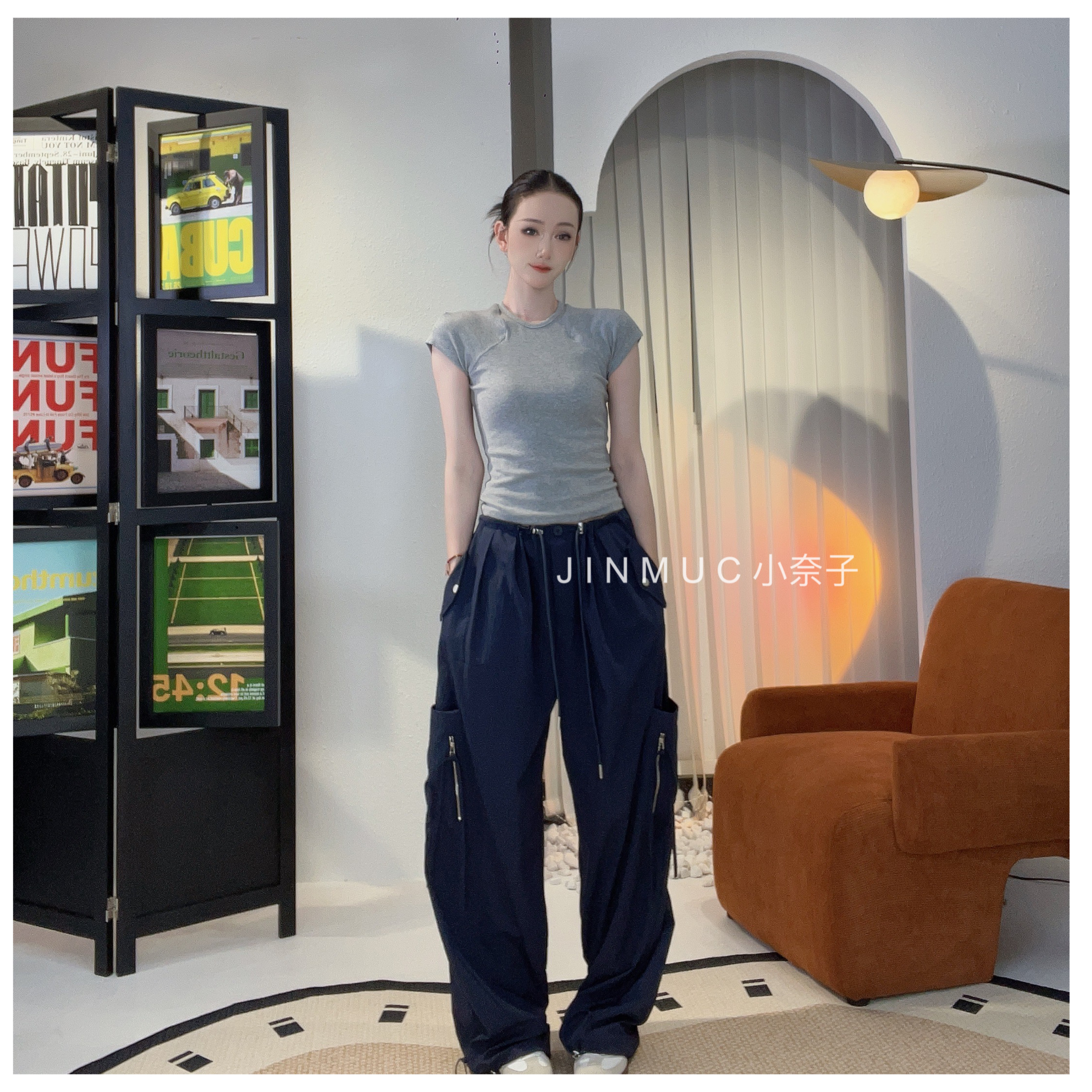 【小奈子】夏季韩版设计拉链口袋直筒裤女