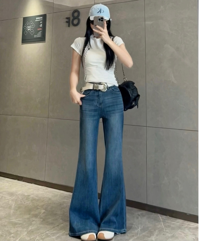 【胖哥-蓝海湾】四面弹显瘦百搭时尚穿搭高腰直筒喇叭夏季牛仔裤女