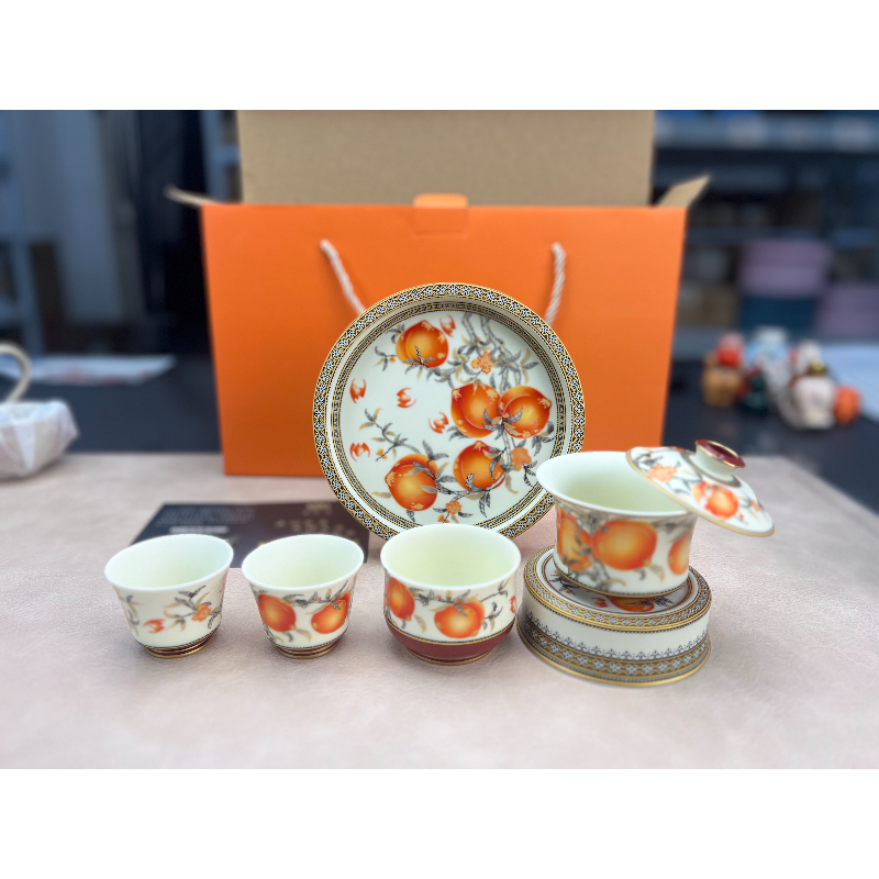 w3609半岭窑九桃盖碗套装