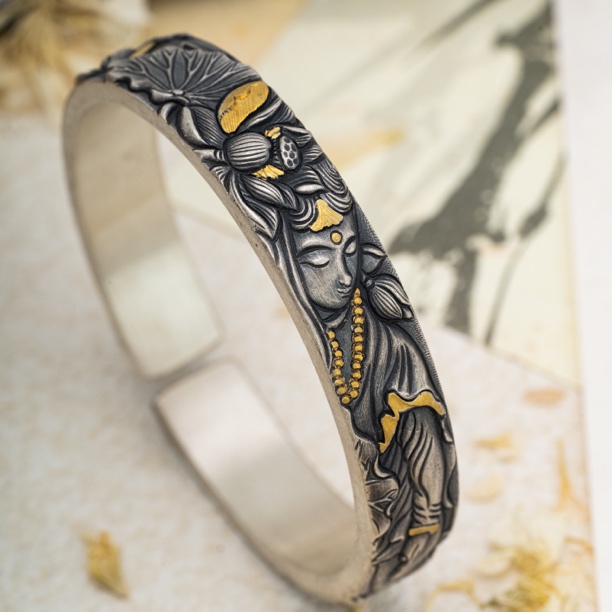 足银手镯 卧佛｜足银手镯999丨原创设计手工镶嵌约 80克