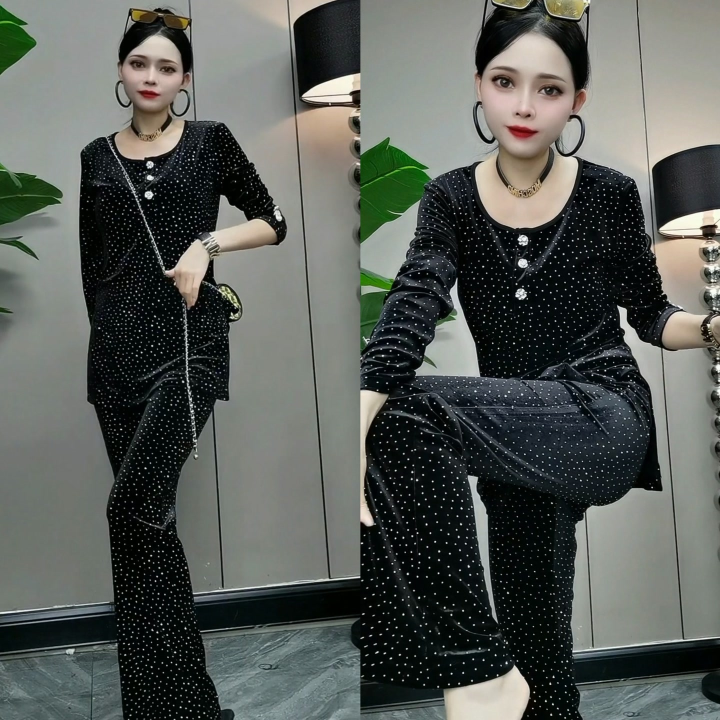 626#xY欧货时尚套装女减龄显瘦设计感小众丝绒上衣喇叭裤两件套