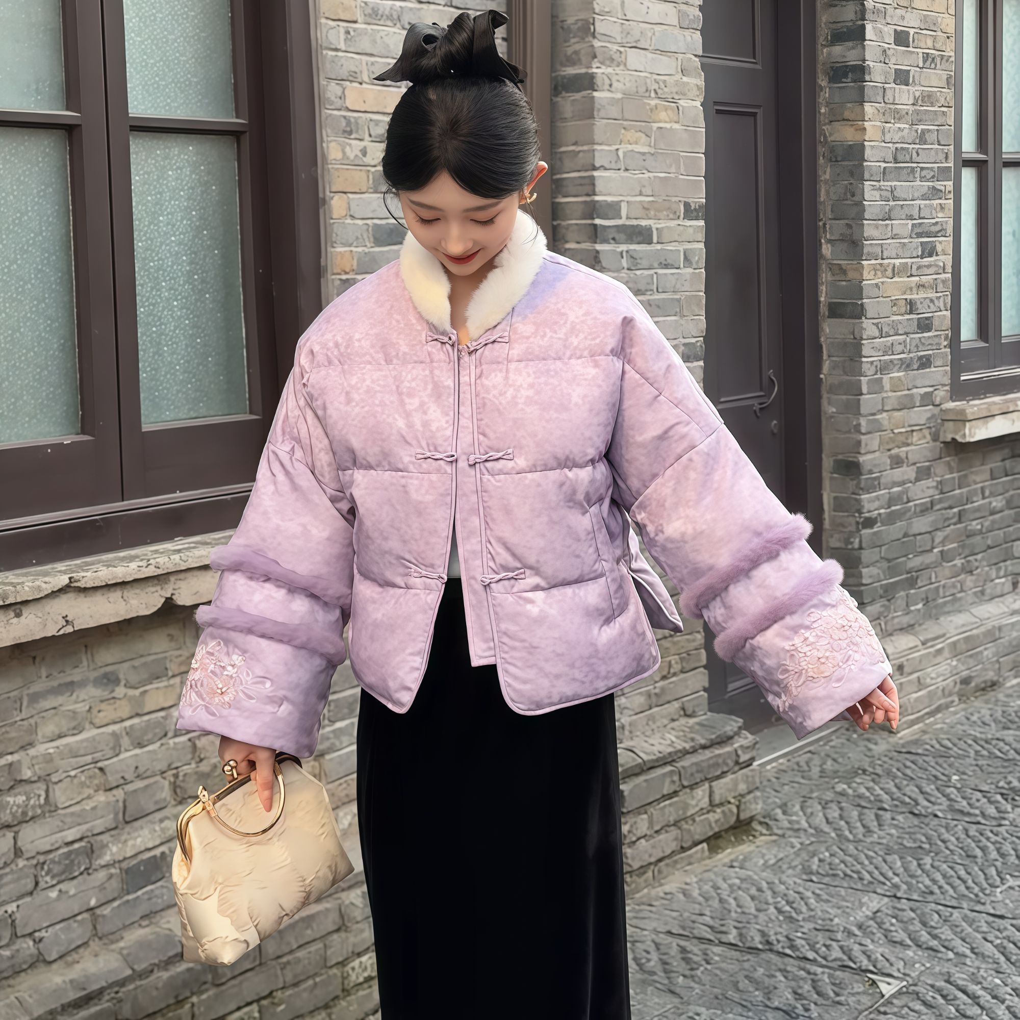 2025新款国风重工刺绣百搭冬季短款立领羽绒服女士加厚保暖外套